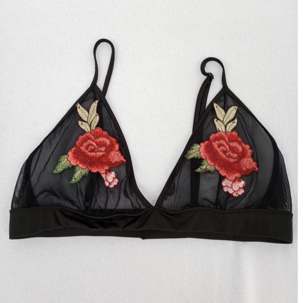 Megan Bralette Women XL Black Floral Embroidered Sheer Mesh Wireless